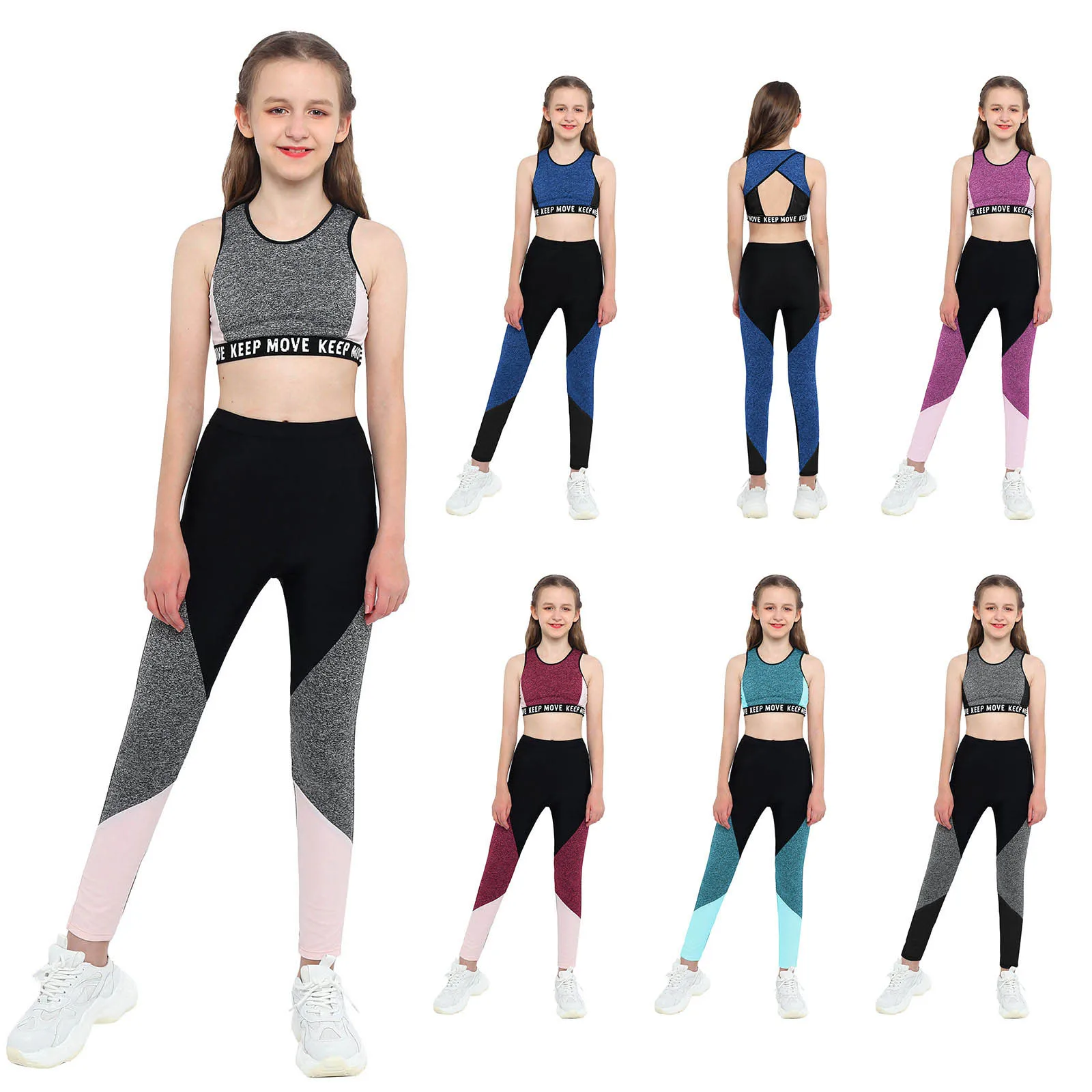 

Kids Girls Jogging Yoga Fitness Workout Sportswear Two-Piece Ballet Dance Gymnastics Leotard Sports Outfits Tank Top with Pants