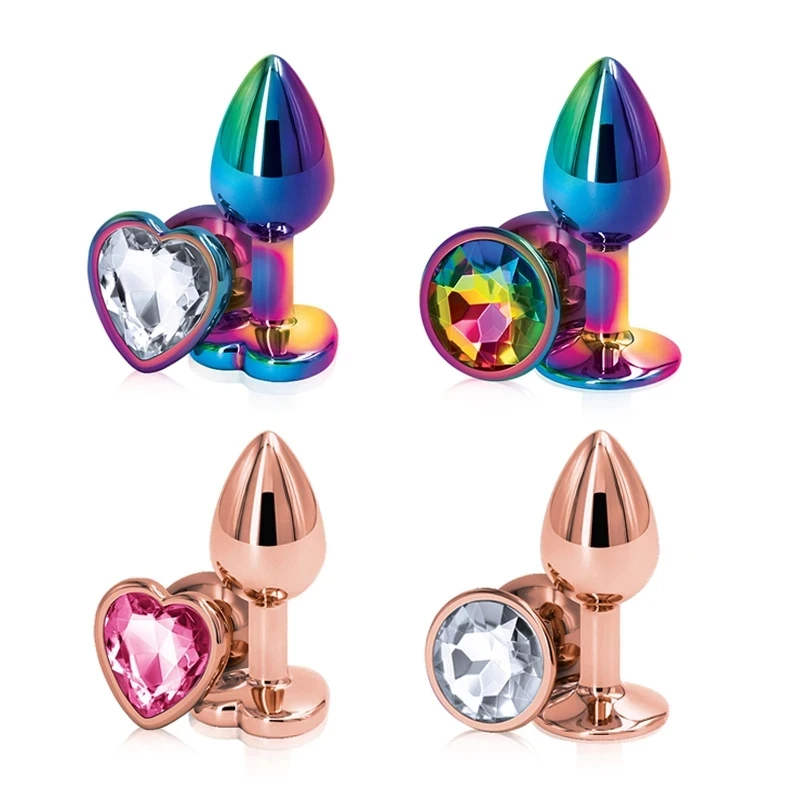 Arc-en-ciel Rose or Rose petite taille moyenne ensemble en forme de cœur cristal métal perles anales plug anal bijoux jouet sexuel pour femme homme