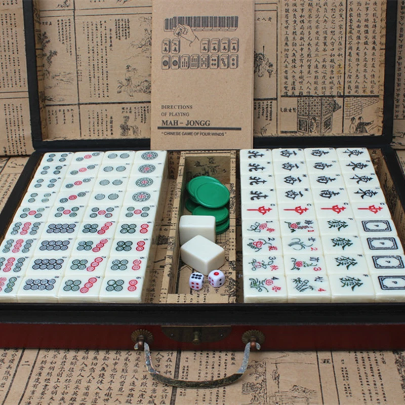 Mahjong Portable Folding Wooden Boxes Set Table Game Mah-jong Travelling Board Game Indoor Antique Leather Box English Manual