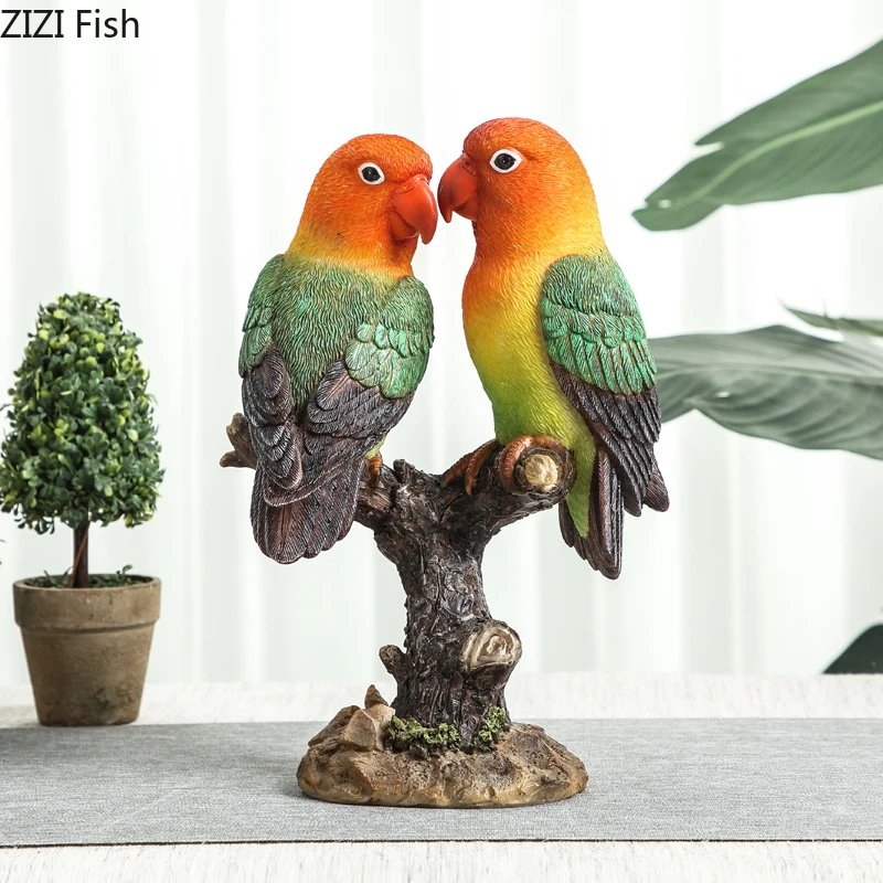 Creative Love Bird Couples Simulation Animal Sculpture Bird Statue Color Parrot Home Craft Decoration Animal Figures Accessories