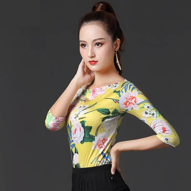 Autumn Latin Dance Performance Shirt New Female Adult Print Tops National Standard Ballroom Dancing Practice Clothing Round Neck