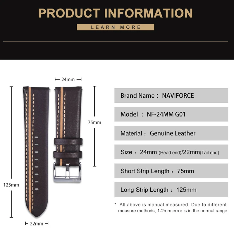 NAVIFORCE 24mm Genuine Leather Watchbands Luxury High Quality Men\'s Wrist Watch Strap Brown Black Red Blue Fashion Bracelet Belt