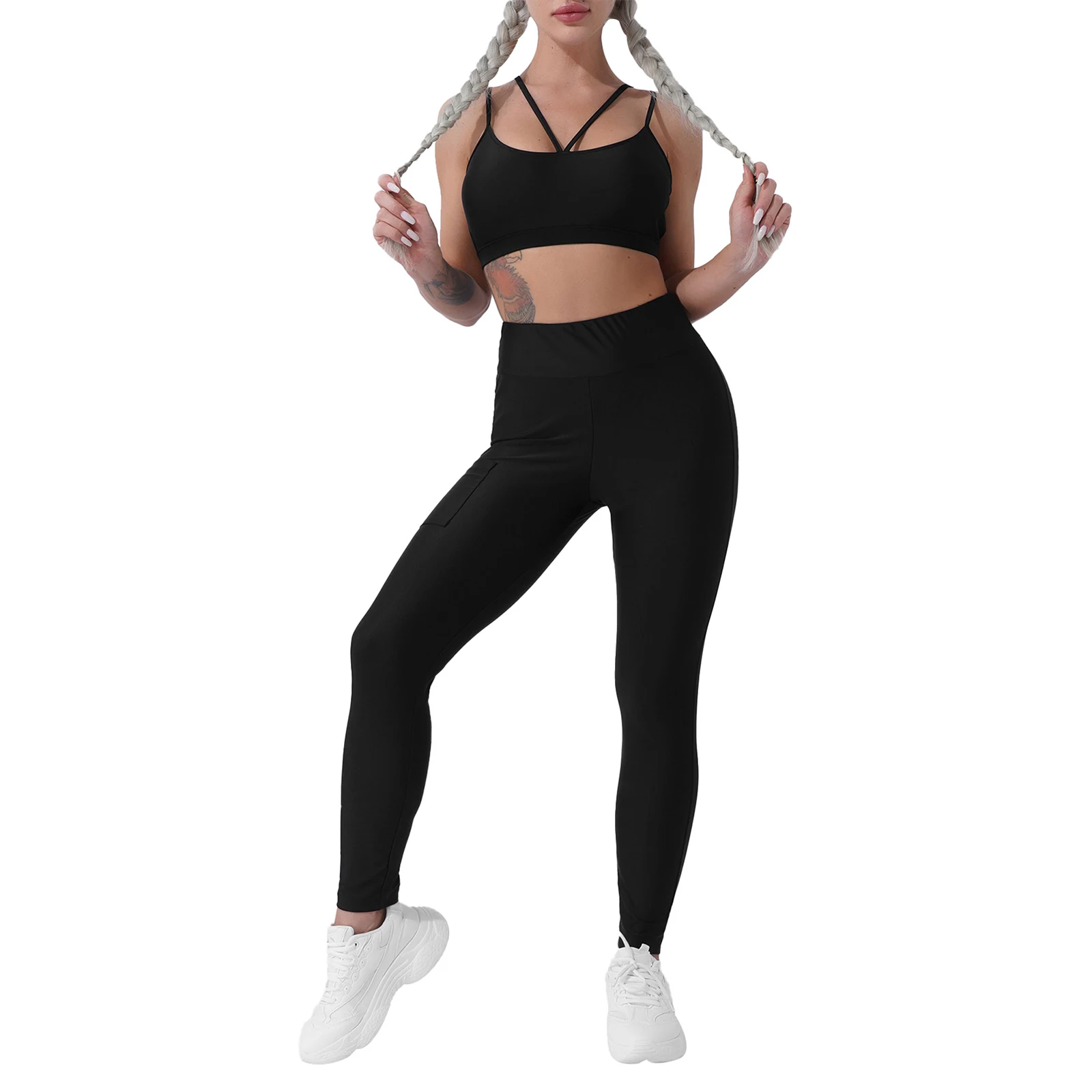 Women Seamless Yoga Set Sport Suit V Neck Removable Chest Pads Bras Tops and High Waist Pants Set for Gym Workout Sports Dance