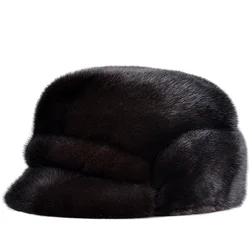 LUXURY Winter Male Genuine Mink Fur Bomber Hats Man Real Marten Caps Black/Brown Tab Elderly Motorcycle Russian Gorra Dad Gift