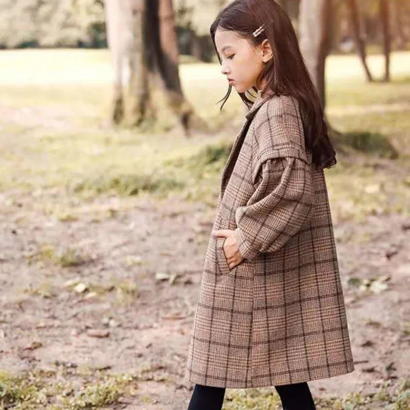 New Children Girls Trench Outerwear Winter Thicken Plaid Jackets Woolen Long Parka Teenager Warm Coat Luxury Design High Quality