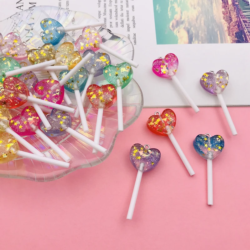10pcs Hot Resin Newest Glitter Shiny Colorful Heart Lollipop Charm for Keychain, Earring, Scrapbooking, DIY Making, Necklace