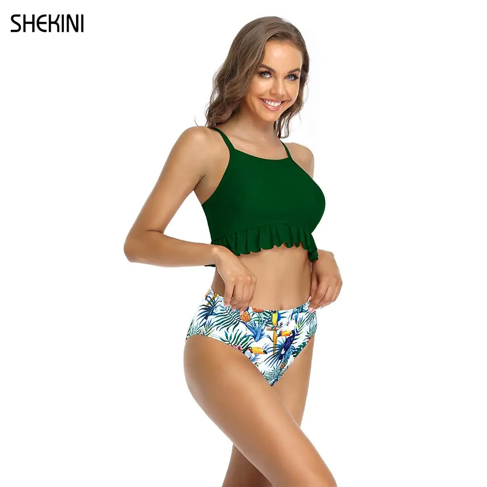 SHEKINI Women's Printing Strappy Cross Back High Neck Bikini High-Waisted Bottom Swimsuit Suits High-waist Pant High-Neck Top