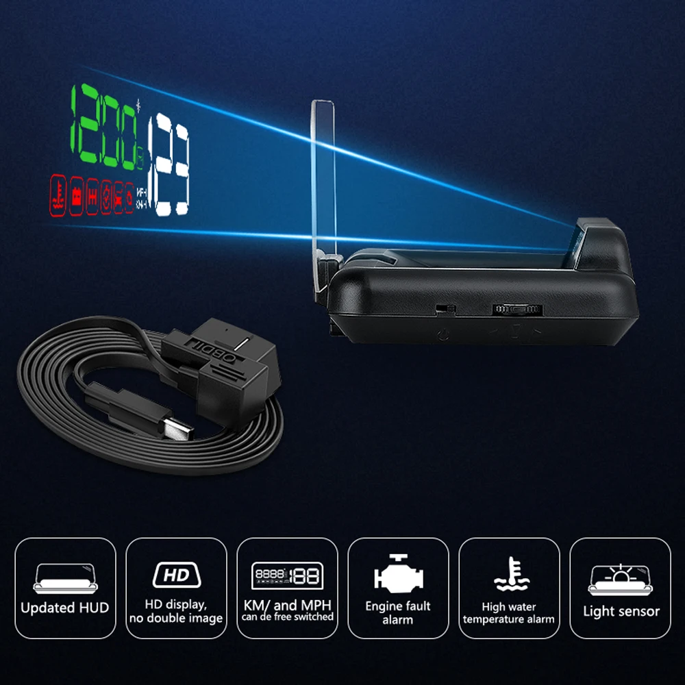 Universal Car HUD Speed RPM MPH Coolant Voltage Time Head Up Display Projector Car OBD2 Auto Alarm Digital Speedometer C500