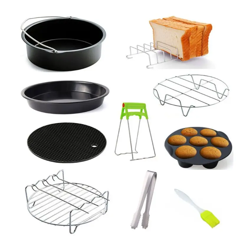 9pcs/set 6/7/8 Inches Air Fryer Accessories Pizza Tray Grill Toast Rack Steam Rack Insulation Pad 3.2QT-5.8QT Home Kitchen 19QE