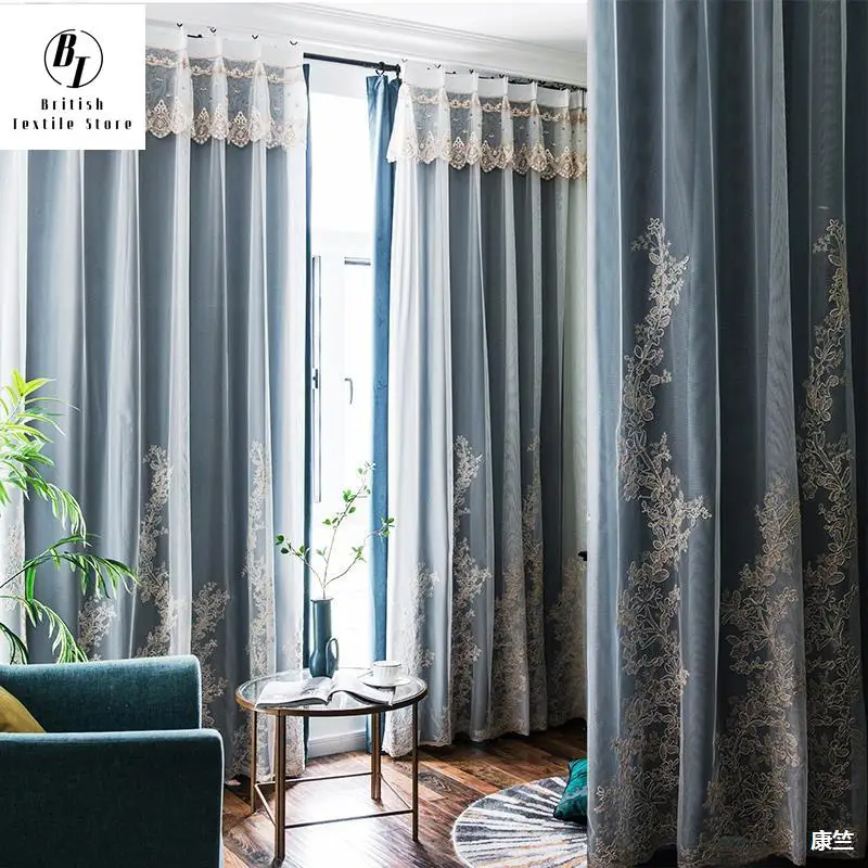 

New AmericanCurtains for Living Dining Room Bedroom French Nordic Light Luxury Modern Velvet Double Embroidered European Curtain