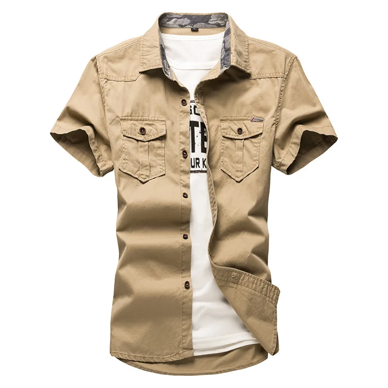 Summer Men's Cargo Shirt 5XL Slim Cotton Short Sleeve T Shirts Tops Outdoor Leisure Sports Shirt