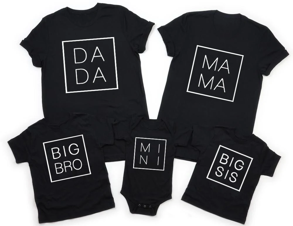 Dada Mama Mini Shirt Family Matching Outfits Big Sis Bro Shirt Baby Bodysuits Family Matching Tshirt Short Sleeve Black Clothes