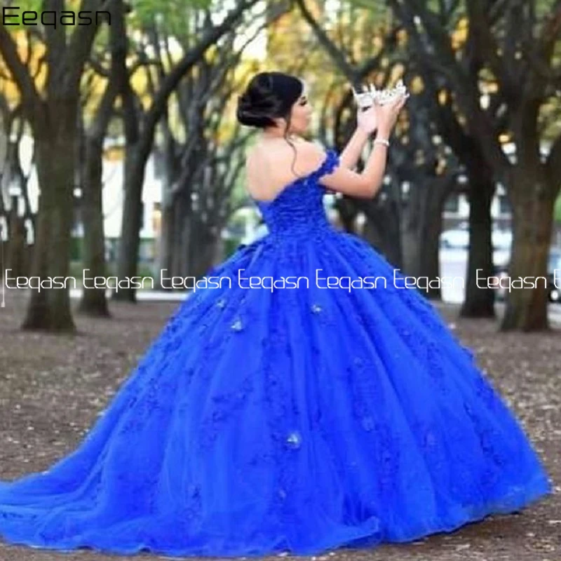 Robe de bal en dentelle bleu Royal, 16 pièces, magnifique et douce, col en V, en Tulle, à plusieurs niveaux