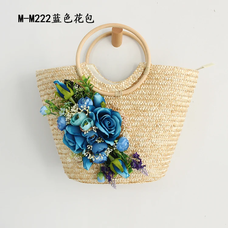 Women Fahsion Weave Rattan Summer Beach Bag Hat Suit Nature Clolor Strew and Flower Studded Bohemia Tote Top-handle Holiday Bag