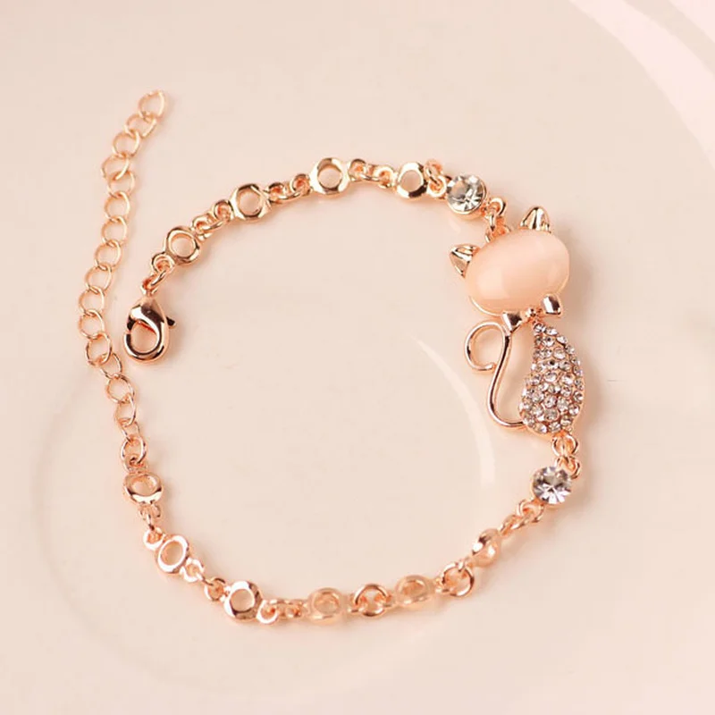 2021 Trend Rose Gold Alloy Cute Cat Bracelet Female Lady Child Girl Gift Jewelry Charm Opal Rhinestone Bracelet Cat Bracelet New