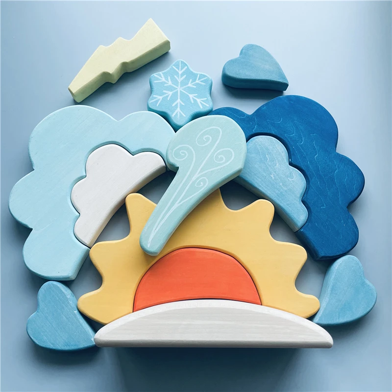 Kids Weather Blocks Stacker Nordic Wood Toys Creative Blue Cloud Snow Sun Blocks Baby Montessori Educational Toys for Children