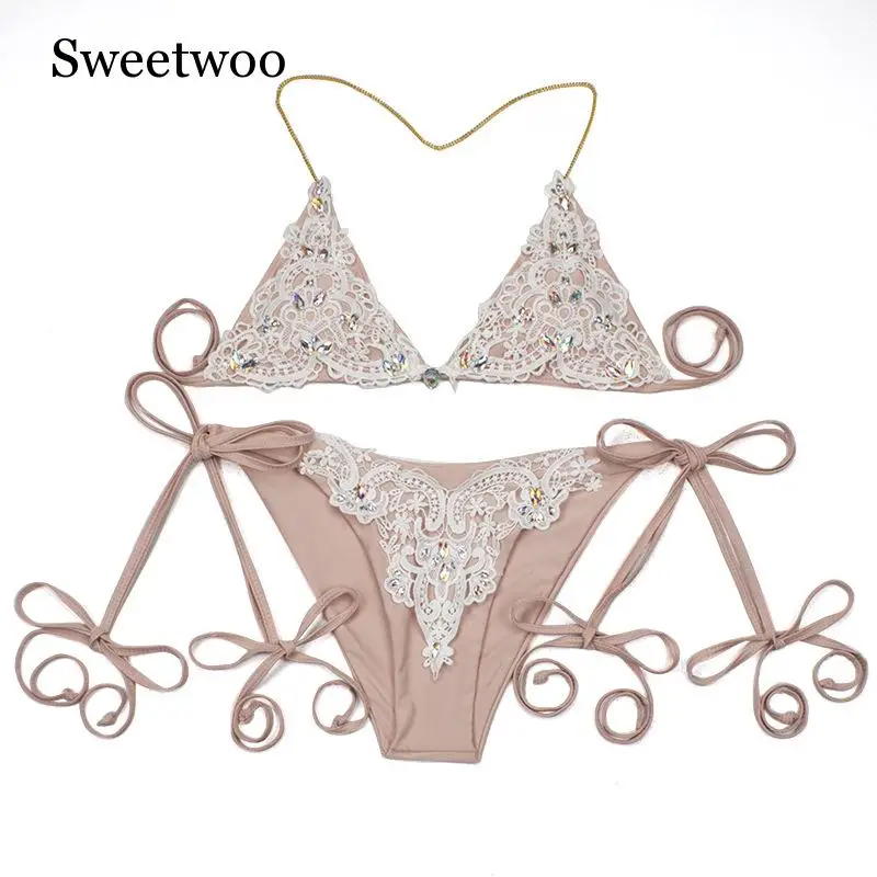 

Halter Swimwear 2019 Rhinestone Diamond Silver Bikinis Women Swimsuit Sexy Crystal Push Up Swimwear Women Bathing Suits Lace