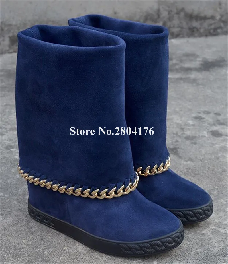 

Women Winter Fashion Round Toe Suede Leather Metal Chains Decorated Mid-calf Boots Blue Slip-on Short Inside Heels Boots