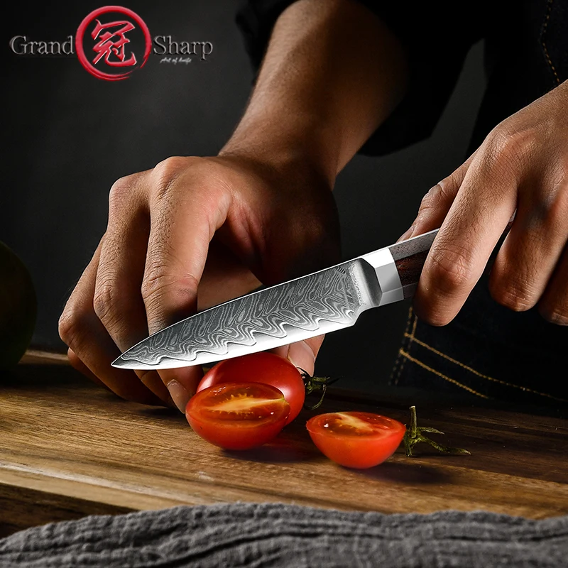 Grandsharp 3.5 Inch Paring knife Japan Damascus VG10 Steel Fruit Peeler Knife Kitchen Knife Ultra Sharp with Rosewood Handle