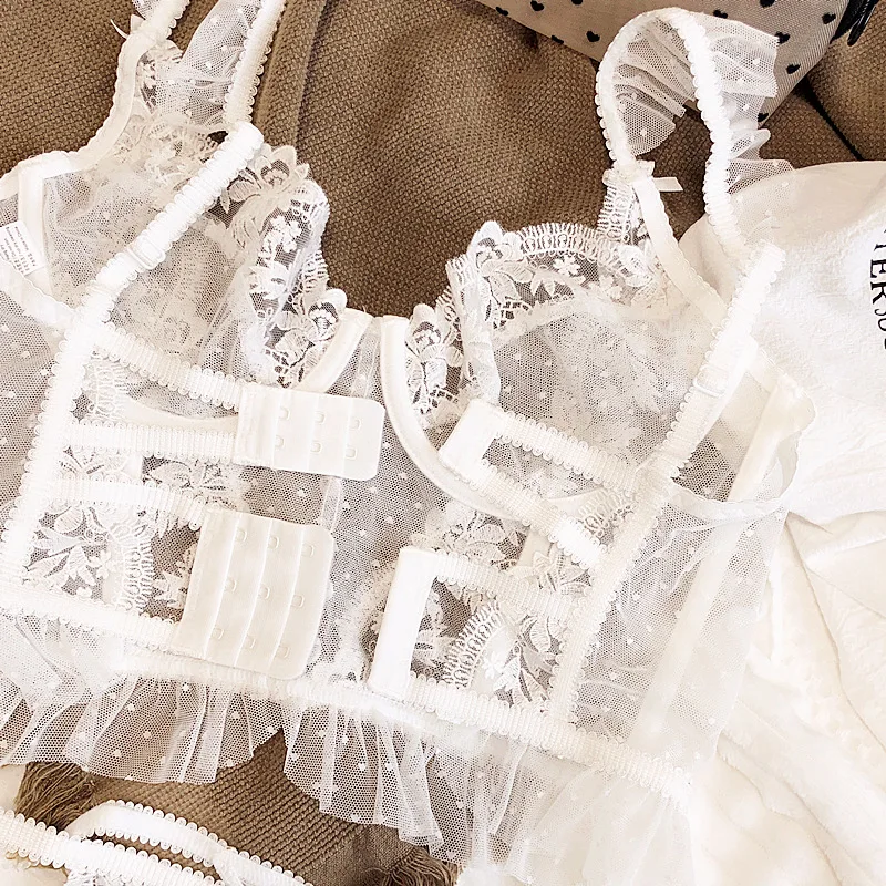 Sexy ultra-thin bralette embroidered lace waistcoat shape underwear set thong perspective ultra-thin bra with briefs set
