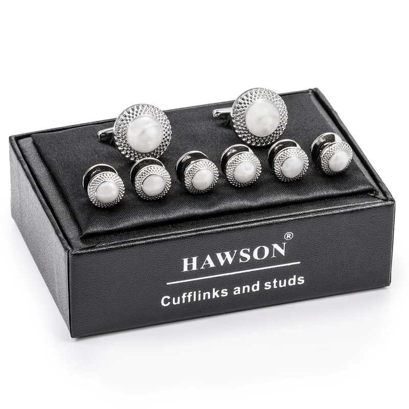 HAWSON Silver Plated Opal Shell Inlay Cufflinks And Shirt Studs Set Men Formal Wedding Tuxedo Dress Shirt Accessories view 3