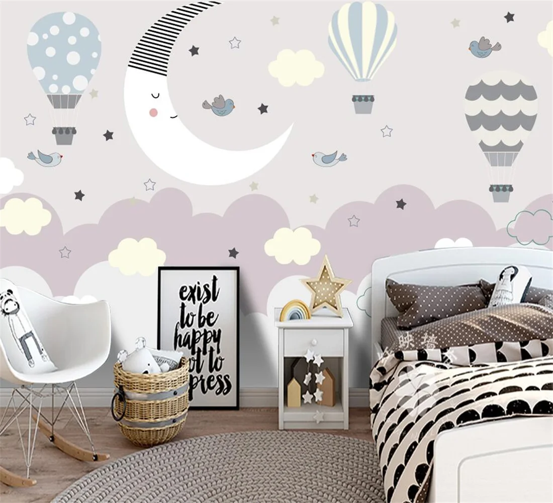 Customized 3d wallpaper modern cartoon stars and moon hot air balloon painting children's room boy room background painting