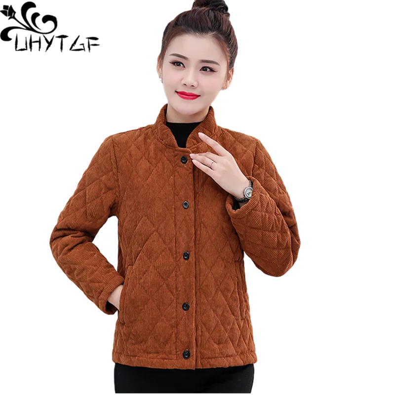 UHYTGF Corduroy Winter Jacket Women Fashion Single-Breasted Casual Warm Short Cotton Coat Korean Loose Big Size Outerwear 1444