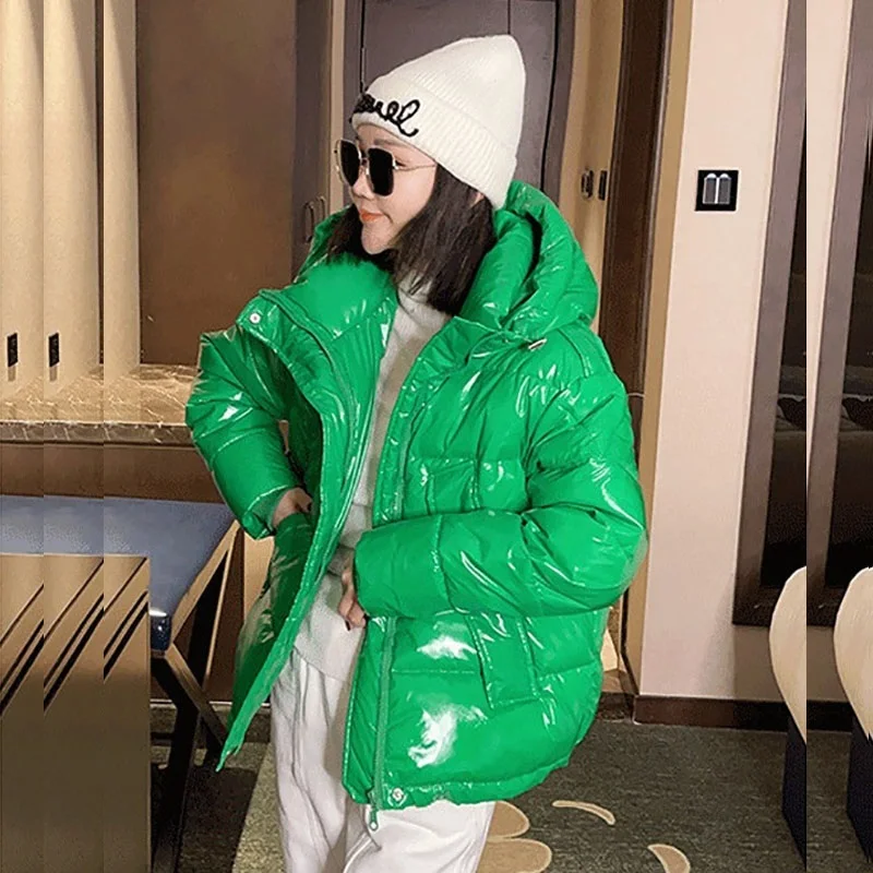 Korean Glossy Hooded Short Cotton Padded Coat Women Winter New Casual Long Sleeve Orange Green Female Warm Cotton Parkas Outwear