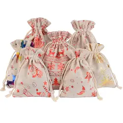 10pcs/lot Linen Christmas Cotton Bags 10x14 13x18cm Candy Gifts Jewelry Packaging Bags Drawstring Gift Bag & Pouches