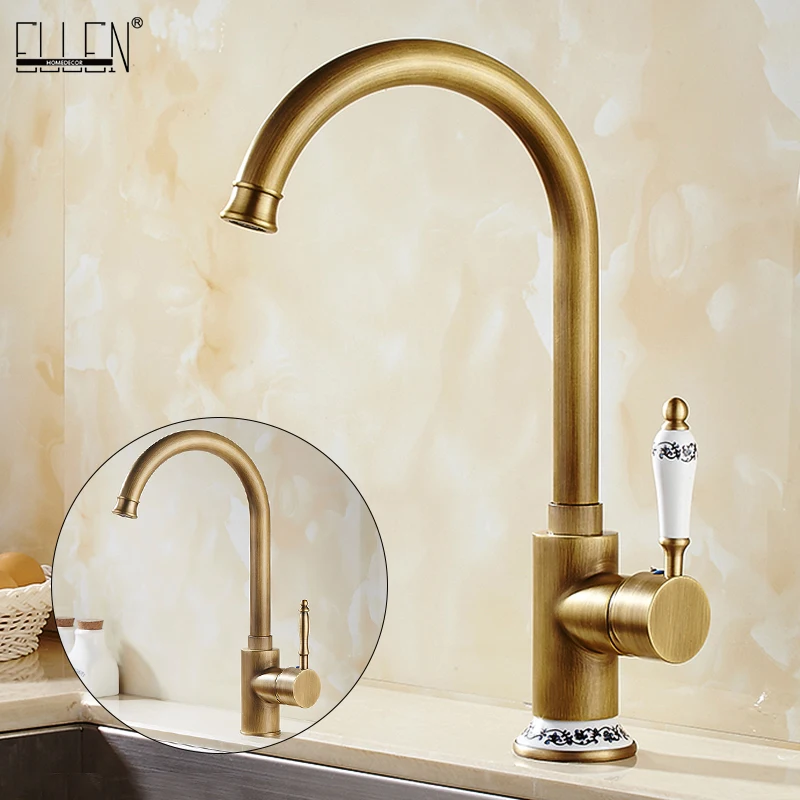 

ELLEN Antique Bronze Kitchen Faucet Hot Cold Water Mixer Crane Deck Mounted Single Hole Kitchen Sink Tap 360 Rotation EL977