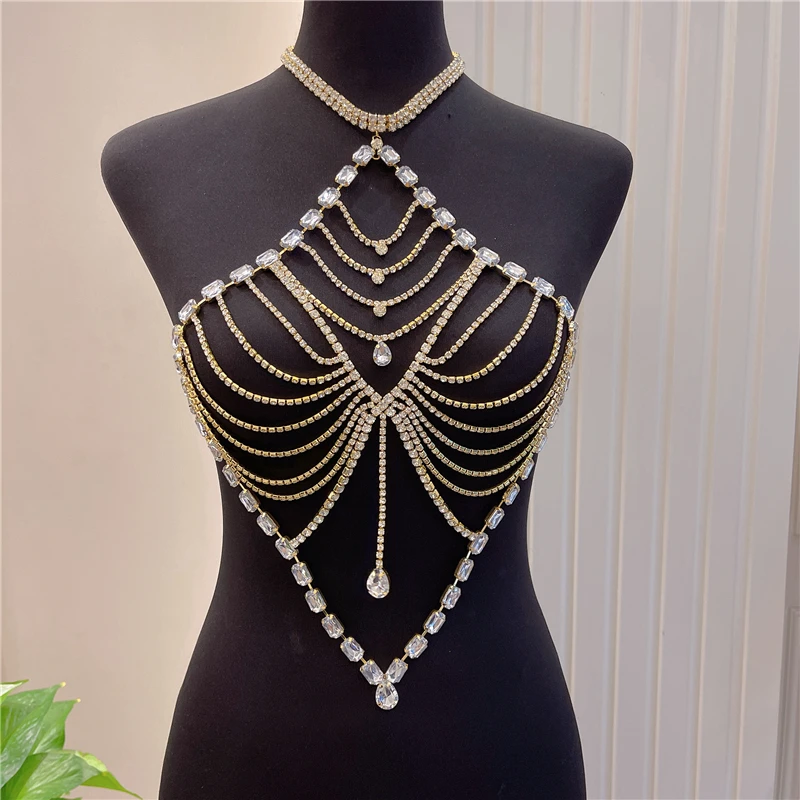 2022 New Women\'s Body Jewelry Sexy Bikini Lingerie Rhinestone Big Heart Bra Ladies Camisole Body Chain Harness Accessories