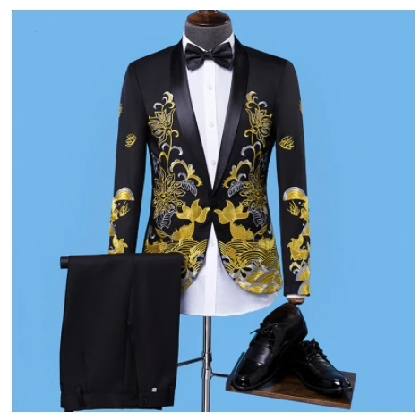 Vintage Embroidery Suits 2 Pieces Set Men's Chinese Dress Stage Host Singer Costume Prom party Suit Male Groom Wedding Dress