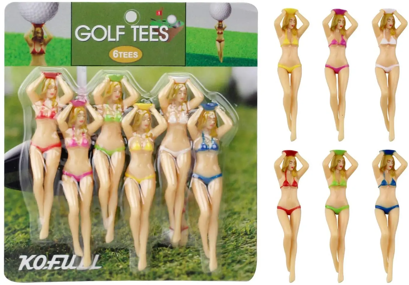 KOFULL 6Pcs/Pack Women's Plastic Golf Tees Accessories Size 76mm(3inch) Sexy Bikini Tees Gift Newest Design Six Colors