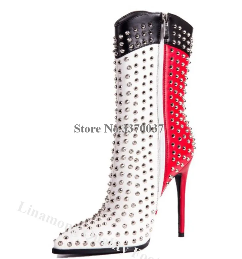 Linamong Unique Black White Red Patchwork Stiletto Heel Rivets Short Boots Pointed Toe Slip-on Studded High Heel Ankle Booties