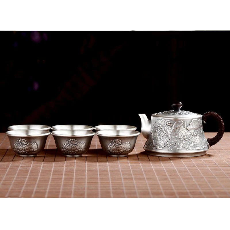 Silver pot 999 sterling silver handmade tea set Japanese retro teapot kettle home tea ceremony Kungfu tea set 220ml