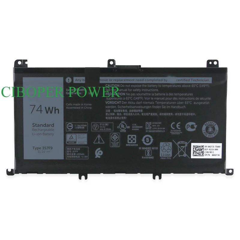 Ciboper Original Quality Laptop Battery 357F9 11.1V 74WH for 7559 7000 7557 7567 7566 5576 5577 P57F P65F  11.1v 74Wh