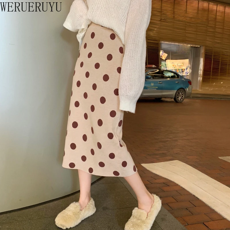 WERUERUYU 2020 autumn winter Polka Dot Knitted skirt women stretch high waist soft knit skirts woman