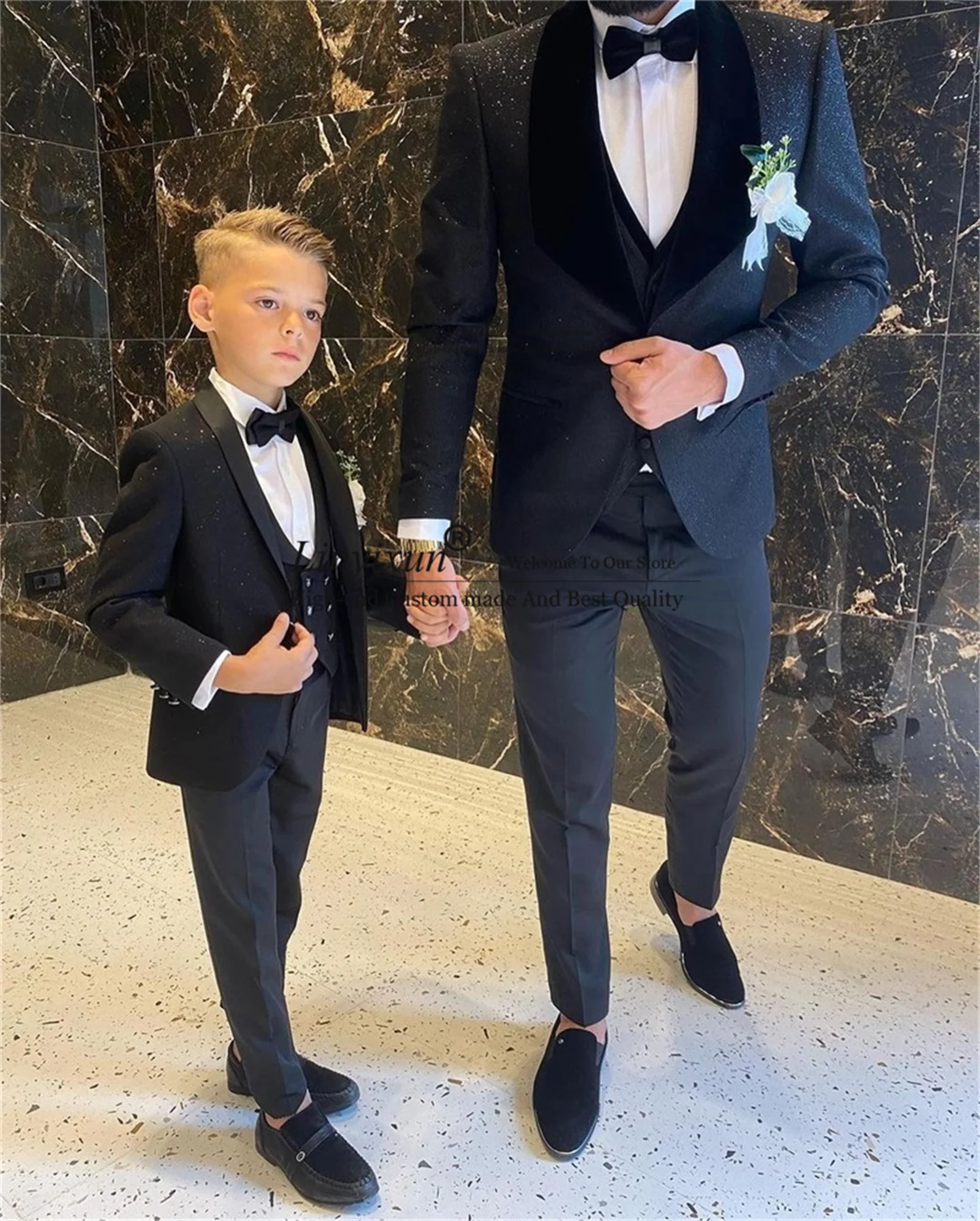 Shinny Mens Suits Shawl Lapel Groom Wedding Tuxedos 3 Pieces Set Male Prom Blazer Terno Masculino Father And Son Kids Suits