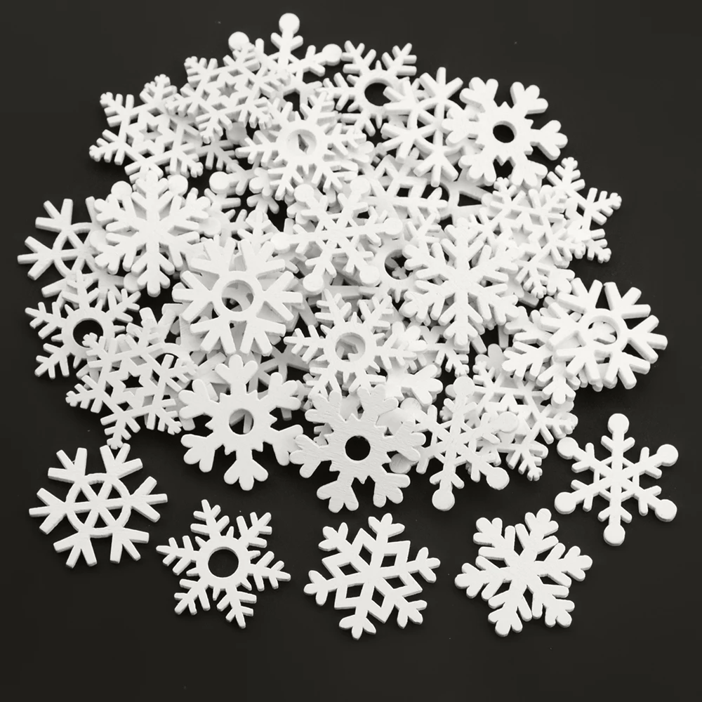 50PCS 35mm Mix Shape Wooden White Snowflakes Christmas Ornaments Xmas Pendants New Year Christmas Decorations for Home Party