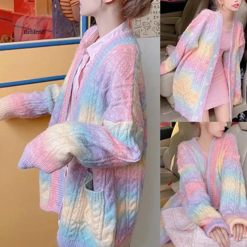 Women Rainbow Knitted Cardigan Long Sleeve Button Down Open Front Sweater Coat