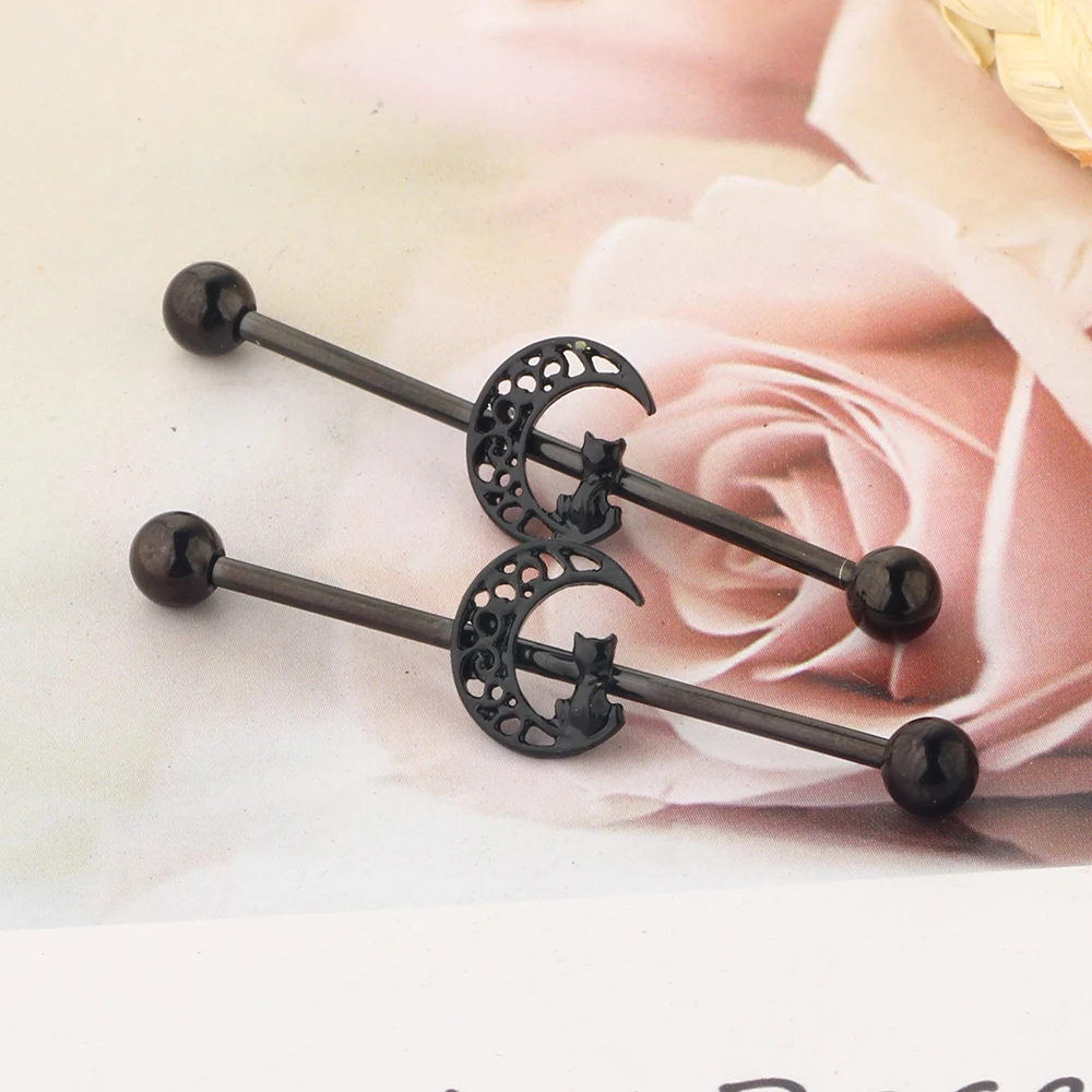 Surgical Steel Rose Gold Industrial Barbell Cartilage Helix Trague Earring Body Jewelry for Women 38mm Black Cat Moon Piercing