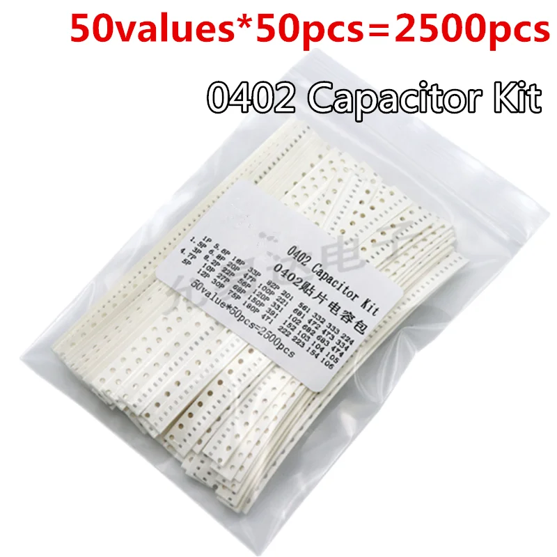 50values X50pcs=2500pcs 0402 SMD Ceramic Capacitor Assorted Kit 1pF~10uF Chip Samples kiT 1PF  1.5PF  3PF  4.7PF 10NF 1.5NF 1NF