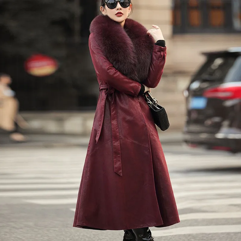 Women Winter Luxury Fox Fur Collar Down Coat Elegant Slim Real Leather Sheepskin Overcoat Thick Warm Office Lady Long Jacket