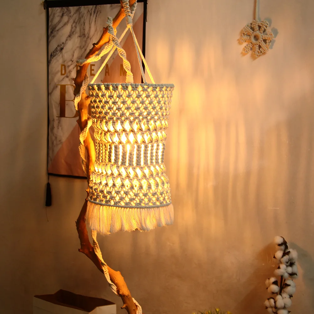 Nordic Style Cotton Rope Hand-knitted Lampshade Macrame Hanging Lamp Decoration For Living Room Tassel Lampshade Tapestry