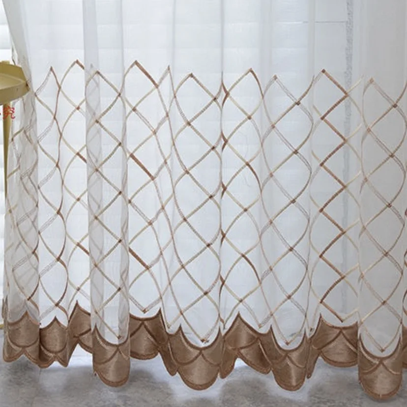 New Eurpean Style Embroidery Curtains Simple Geometric Grid Pattern Tulle Voile Curtains Living Room Drapes Gauze Net Curtains