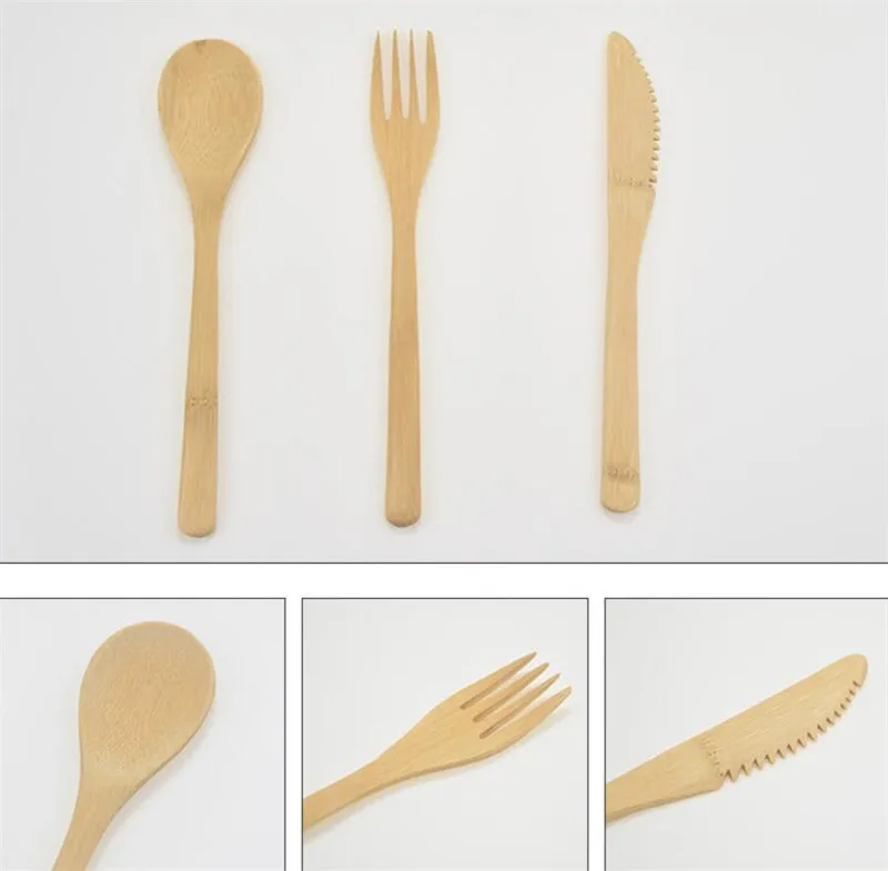 New 50 sets/lot Reusable Elegant Retro Wooden Bamboo Cutlery Flatware With Bags Dinnerware Spoon Fork Chopsticks