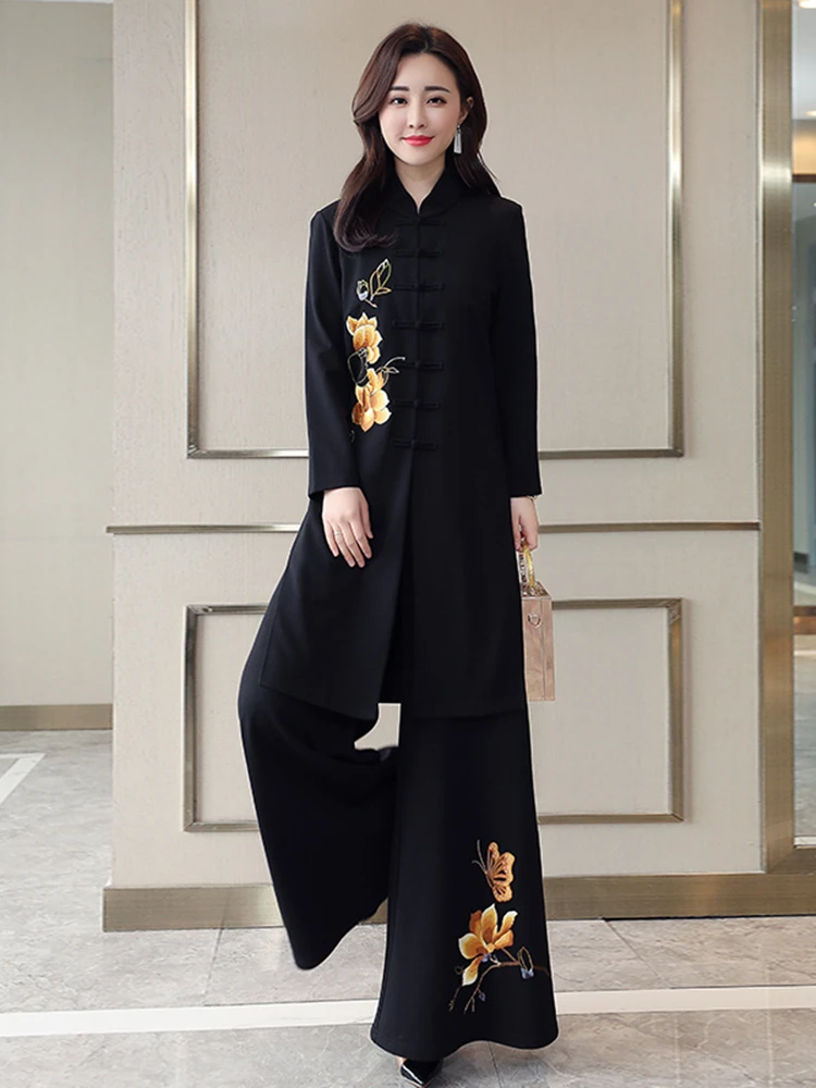 Chinese Style Two Piece Set Women Fashion National Embroidered Wide Leg Pants Clothing Vintage 2022 Suit Conjuntos De Mujer