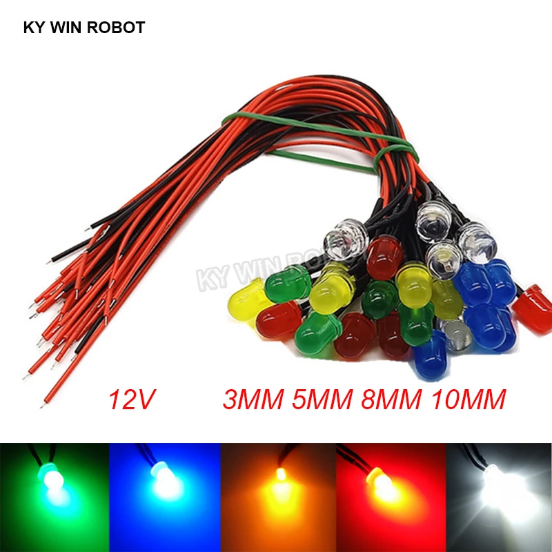 5-10 SZTUK 3mm 5mm 8mm 10mm LED 5V 20cm Wstępnie okablowana Biały Czerwony Zielony Niebieski Żółty Pomarańczowy Dioda Dekoracyjna Lampa Diody elektroluminescencyjne