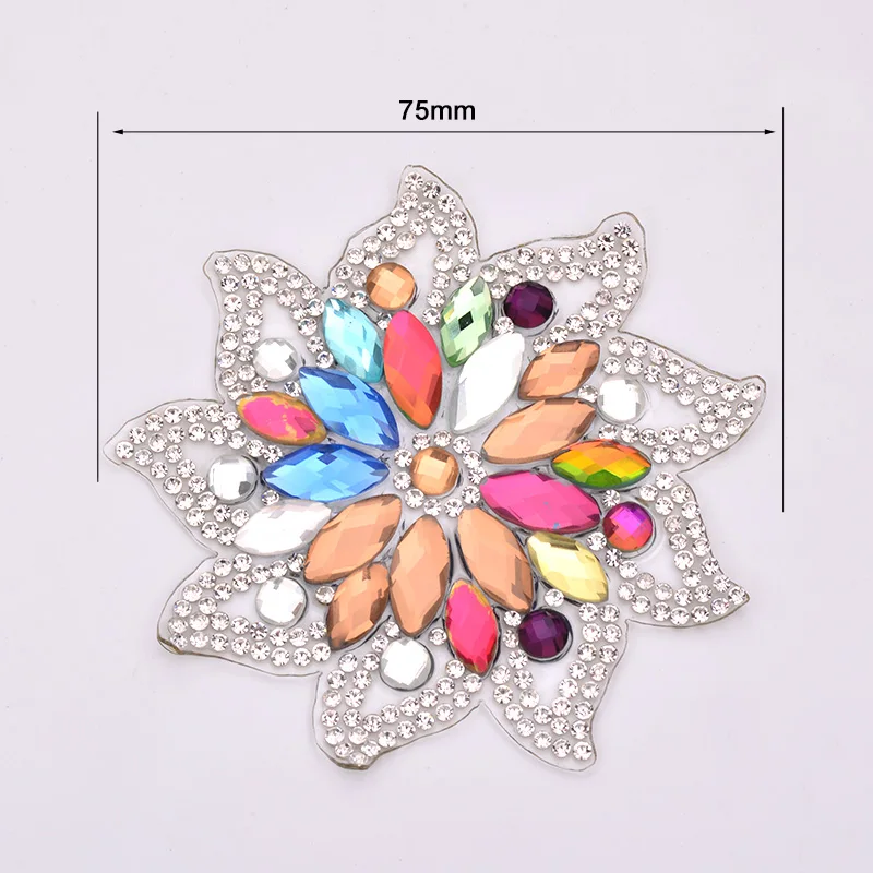 JUNAO 75mm Hotfix Clear Glass Flower Rhinestones Patches Iron On Clothes Patch Crystal Applique Strass For Wedding Dress