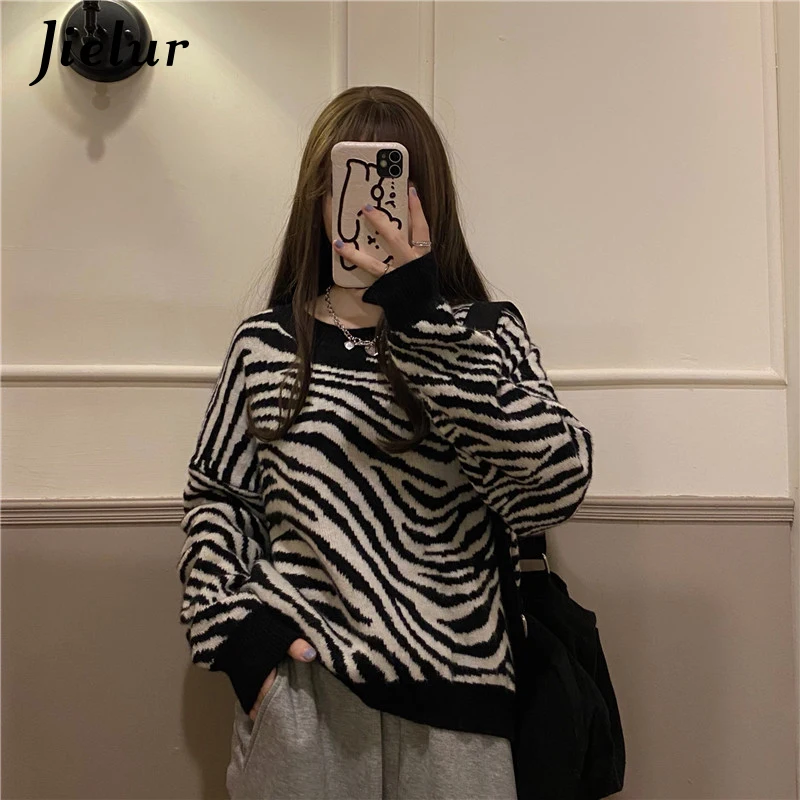 Jielur Winter Harajuku Women's Sweater Loose Pullovers Ladies Soft Striped Zebra Chic Korean Knitted Sweaters O-Neck Casual Top